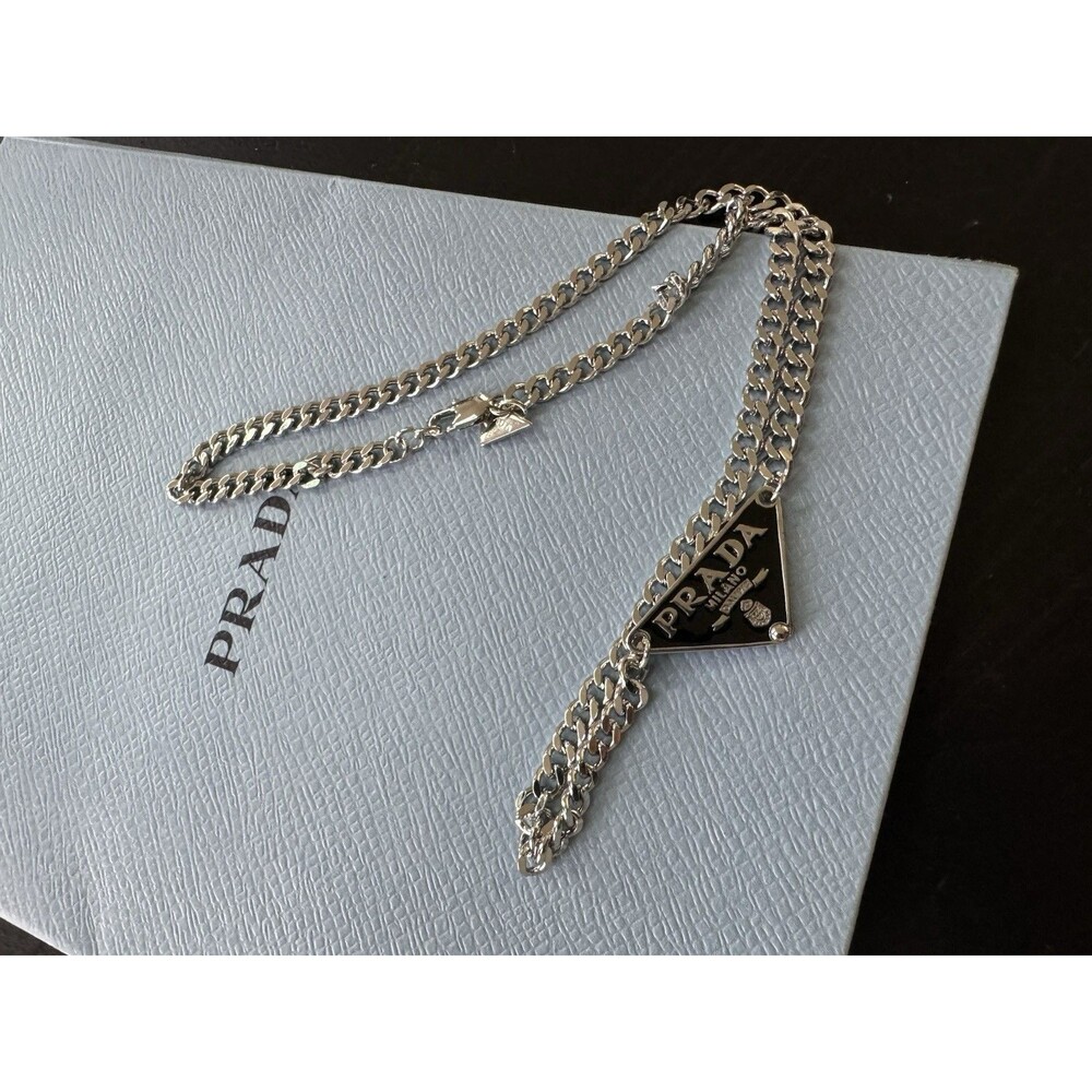 Prada Stamped Black Silver Triangle Palladium Finish Pendant Necklace Chain